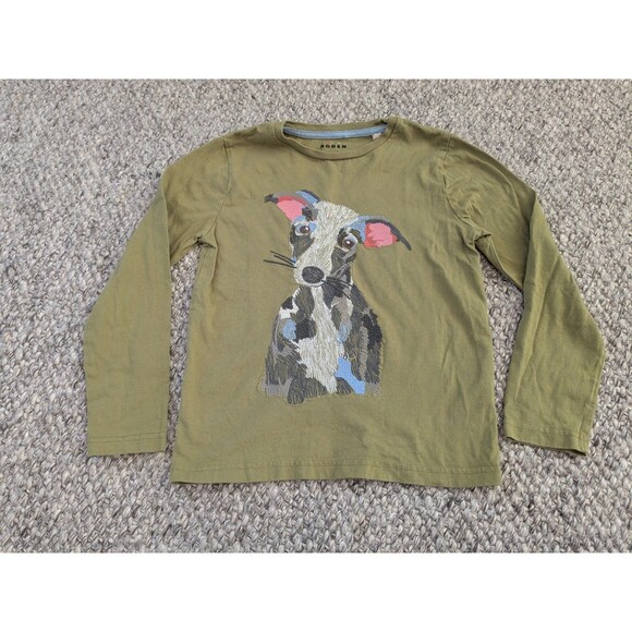 MINI BODEN Green Dog Super Stitch Embroidered Long Sleeve Shirt Kids Boys 7-8 - Picture 2 of 8